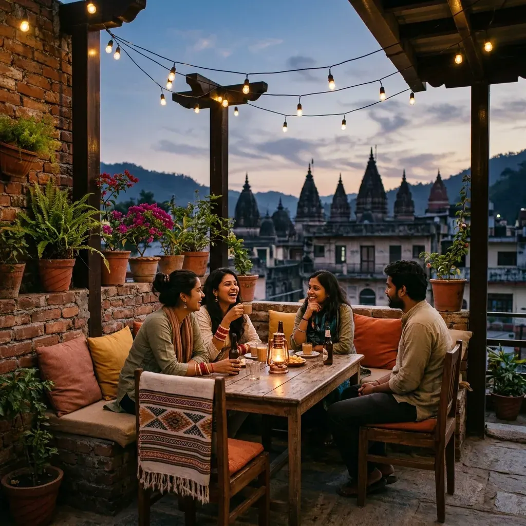Rooftop at Ramta by Avarna overlooking Ayodhya temple skyline