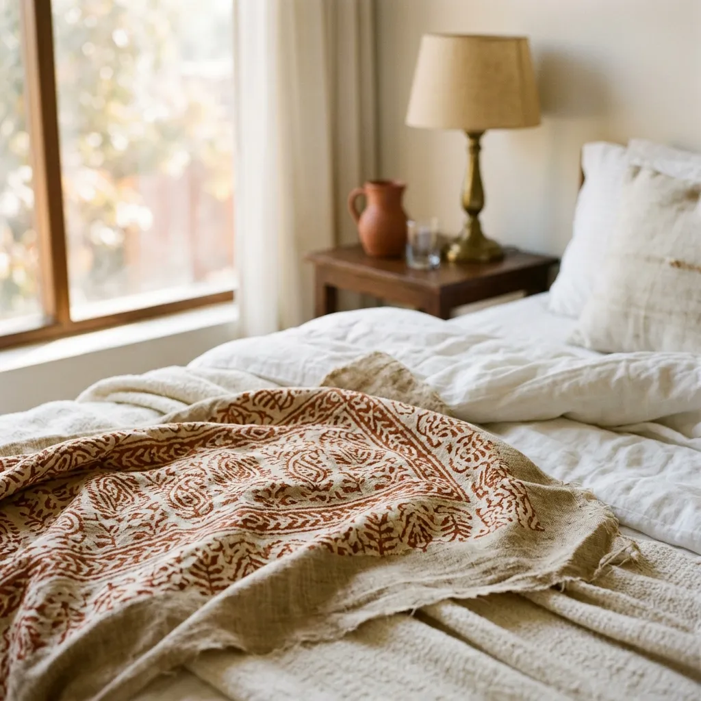 Handwoven block-print textiles on a Ramta bed